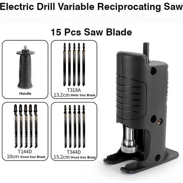 (D:ÂElectric Drill Variable Reciprocating Saw+15Pcs Saw Blade) Reciprocating Saw Attachment Adapter Change Electric Drill Into Reciprocating Saw for