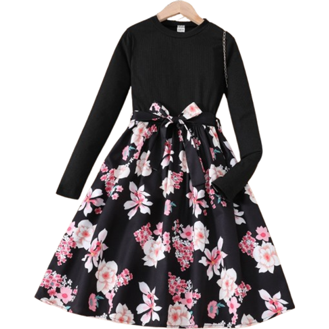 SHEIN Tween Girl Floral Flared Long-Sleeved Round Neck Dress With Belt, Autumn/Winter New Arrival Holiday Dress,Holiday,Summer,Travel