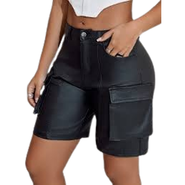 Apperloth A Y2K Street Casual Flap Pocket Seam Detail Bermuda PU Leather Cargo Wide Leg Shorts Punk Music Festival