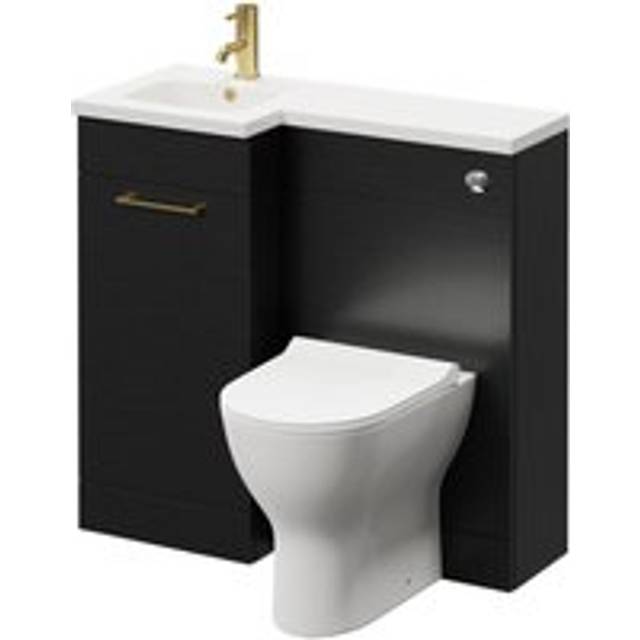 Napoli Combination Vanity Unit Toilet Suite with Left Hand L Shaped 1 Tap Hole Round Basin and Single Door with Brushed Brass Handle | Nero Oak | Plastic | 900mm