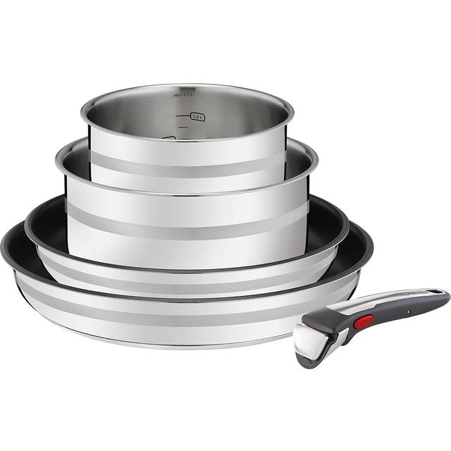 Tefal L97696 Jamie Oliver Ingenio G6 5-delars pannor och grytset, ugnssäker upp till 250 °C utan handtag, termosignal, PFOA-fri, lämplig för alla spisar inklusive induktion, rostfritt stål/svart