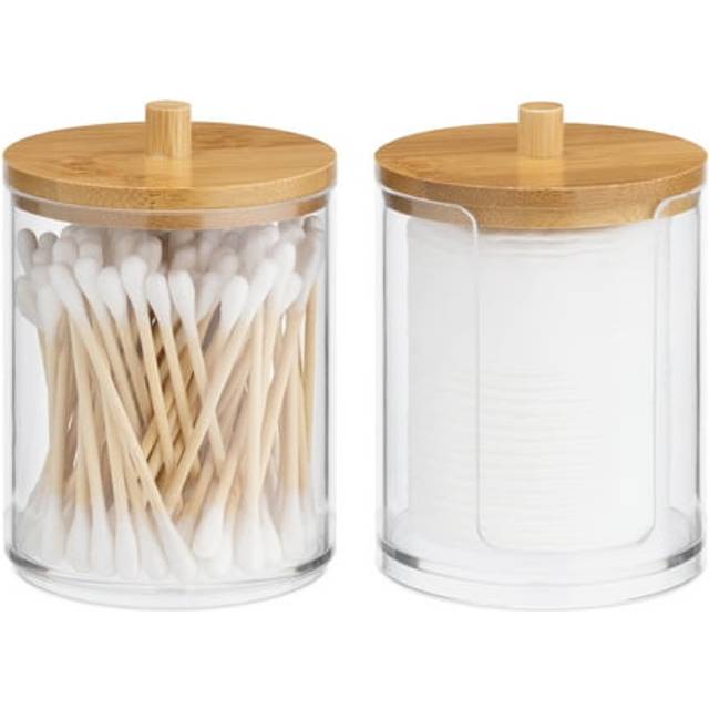 Cotton Bud Holders - 2 Stackable Clear Plastic Jars with Bamboo Lids - Storage Containers for Cotton Pads, Hair Ties, Small Makeup Accessories