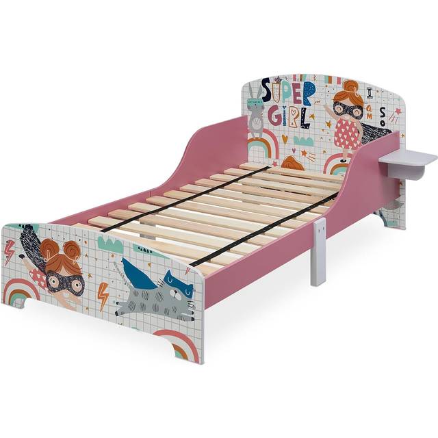 Relaxdays Barnsäng, HBT 60 x 94 x 143 cm, barnsäng med hylla, skydd, ribbotten, superhjältinna, MDF, flerfärgad