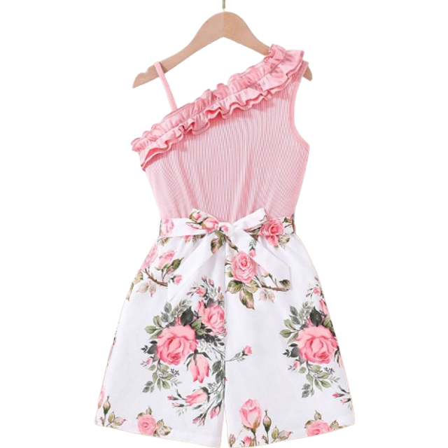 SHEIN Tween Girl Floral Print Romper With Asymmetric Neckline & Ruffle Trim