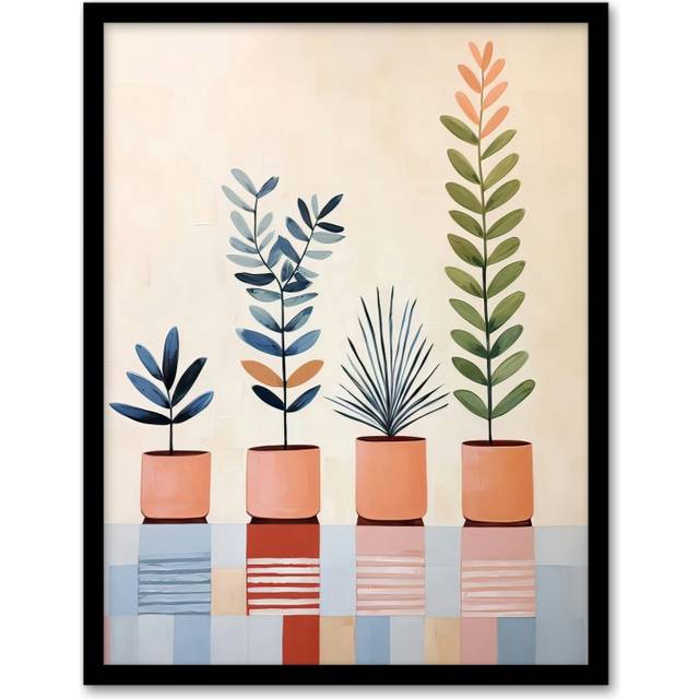 Wall Art Print Row of Leafy Potted Plants Pastel Colour Pink Blue Green Botanical Oil Painting Artwork Framed - Beige - A4