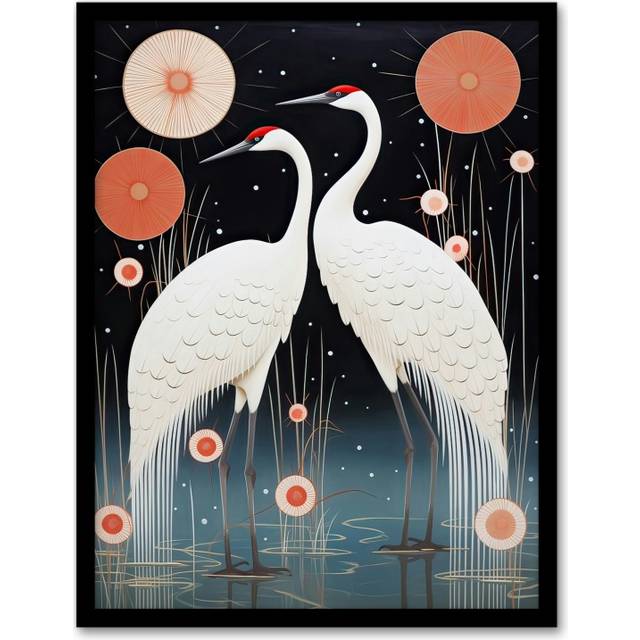 Wall Art Print Japanese Cranes Oil Painting Pink Blue White Birds and Abstract Flowers Surreal Lake Landscape at Night Artwork Framed - Black - A4