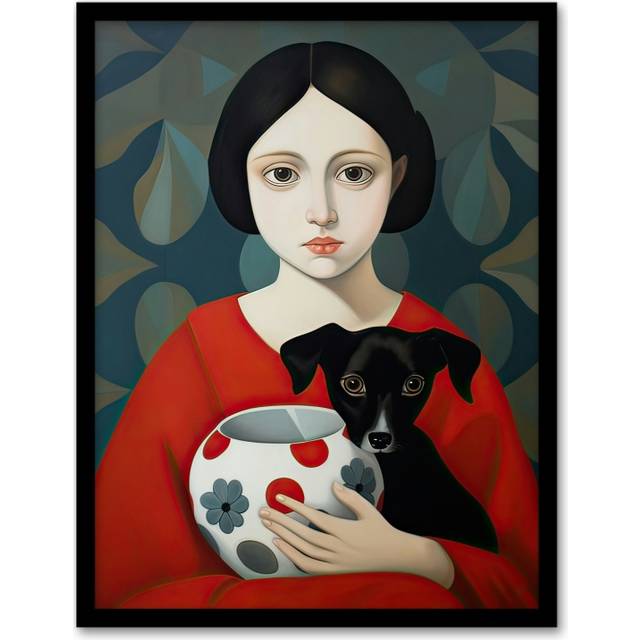 Wall Art Print Few of my Favourite Things Girl with Puppy and Vase Framed - Red - A4