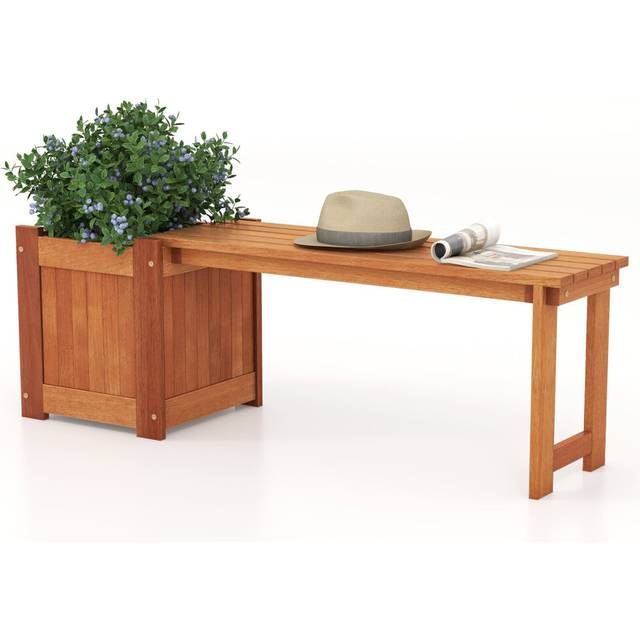 Hardwood Flower Box Outdoor Raised Garden Bed w/ Bench-Natural