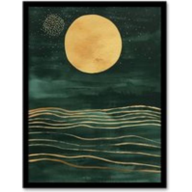 Boho Abstract Full Moon Dark Green Gold Seascape Framed Art Print - W12 inch x H16 inch
