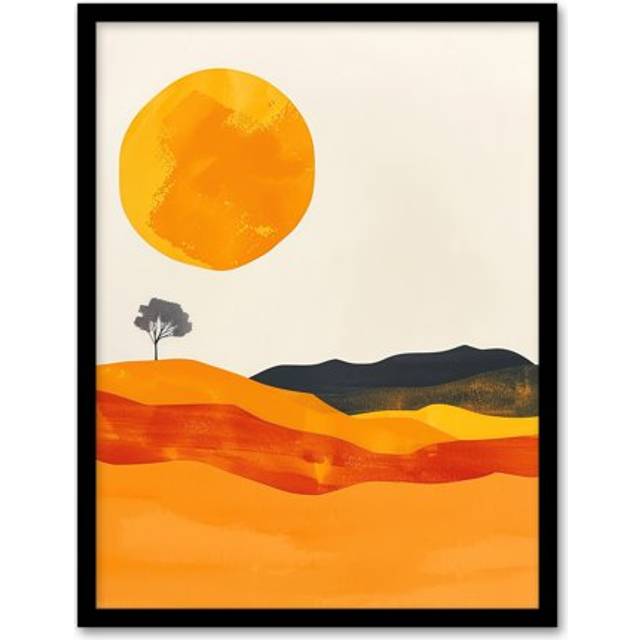 Abstract Landscape Lone Tree Bright Boho Painting Framed Wall Art - Yellow - W12 inch x H16 inch