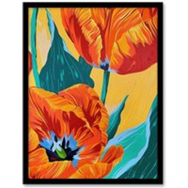 Stylised Orange Teal Tulip Flowers Vibrant Floral Framed Art Print - A4