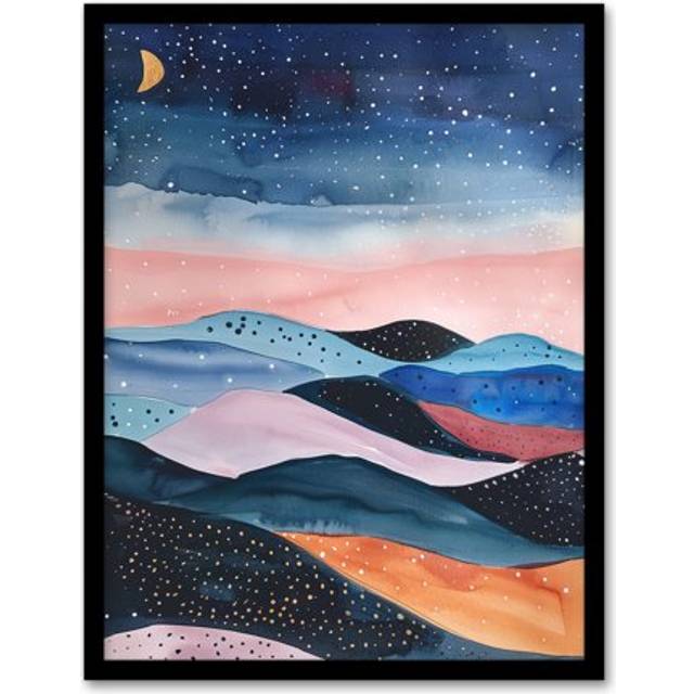 Abstract Boho Landscape Starry Night Sky Folk Art Framed Wall Art - Pink - W12 inch x H16 inch