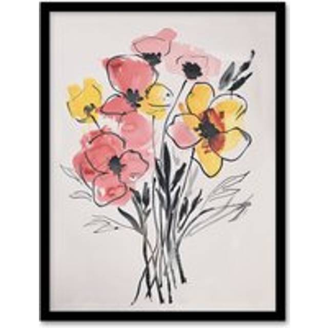 Abstract Flower Bouquet Pastel Yellow Pink Floral Framed Wall Art - Multi - A4