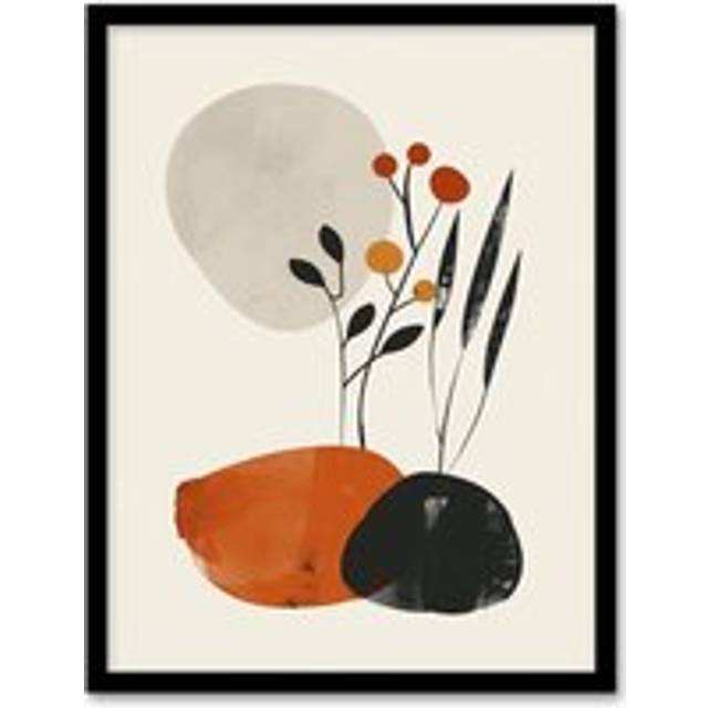 Rocks And Wild Flowers Bright Boho Japandi Style Framed Wall Art - Beige - A4