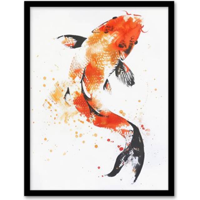Japanese Koi Carp Fish Orange Black Watercolour Framed Art Print - A4