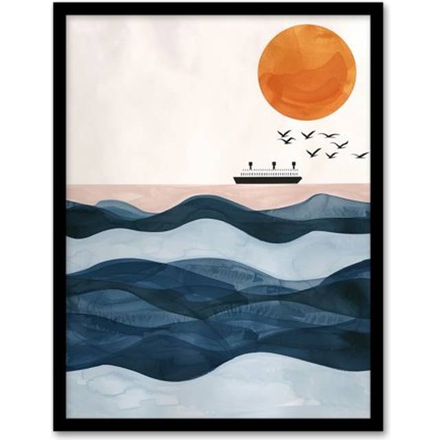 Ocean Liner Ship With Seagulls Over Sea Waves Framed Wall Art - Blue - A4