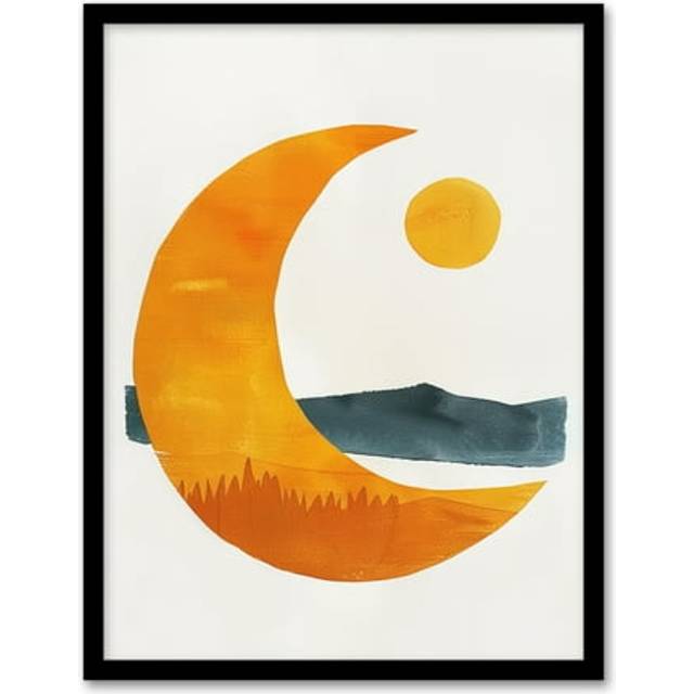 Abstract Crescent Moon Sun Sea Orange Blue Boho Framed Art Print - Yellow - A4