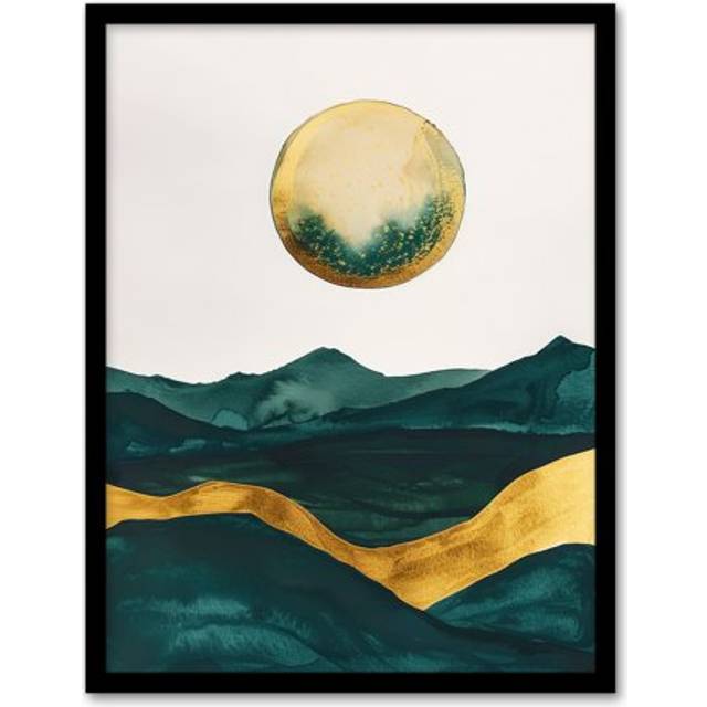 Abstract Full Moon Seascape Dark Green Gold Boho Framed Wall Art - W12 inch x H16 inch