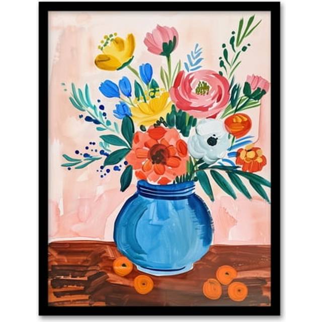 Flower Bouquet Vase and Fruit Still Life Painting Framed Wall Art - Multi - A4