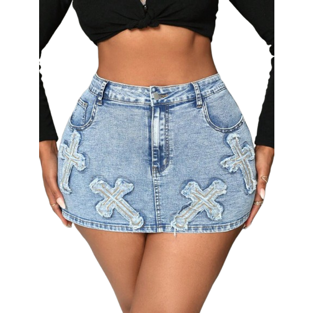 Dripcurv Women&#39;s Plus Size Denim Skirt Skinny Mini Skirt Blue Denim Skirt Sexy Party Outing Mini Skirt Halloween Costume