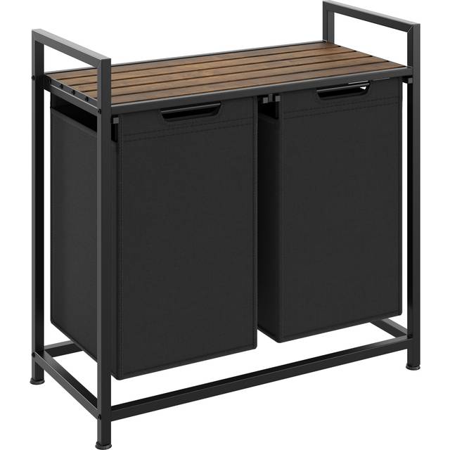 Dual Laundry Basket - 2 pull out compartments, wooden folding shelf & high capacity - 34 x 74 x 72 cm