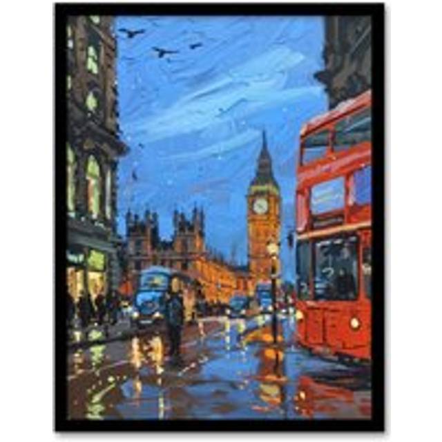 Big Ben London on a Rainy Day Painting Iconic Framed Art Print - Blue - A4