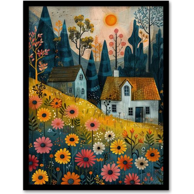 Wall Art Print Countryside Spring Hill House Daisy Flowers Art Framed Poster - Black - A4