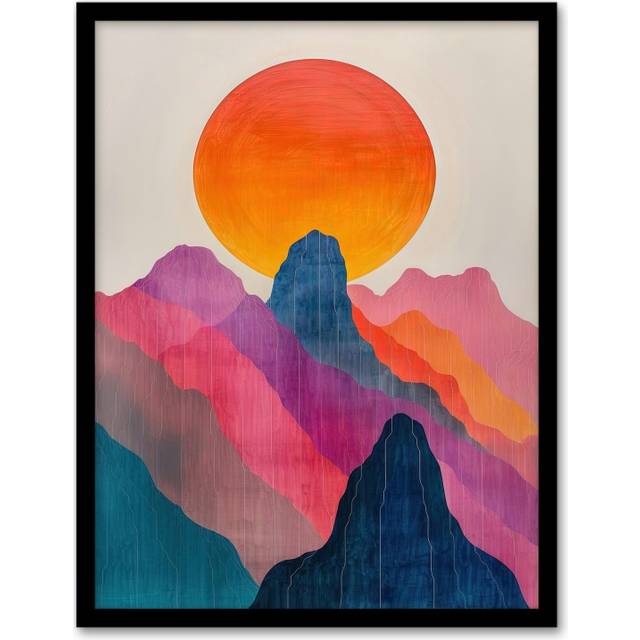 Wall Art Print Colourful Boho Mountain Landscape Sun Sunset Art Framed Poster - Black - A4