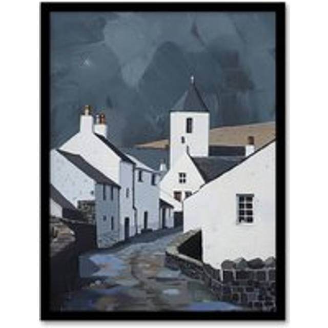Aberdaron Village Oil Painting Wales Timeless Framed Art Print - Grey - A4