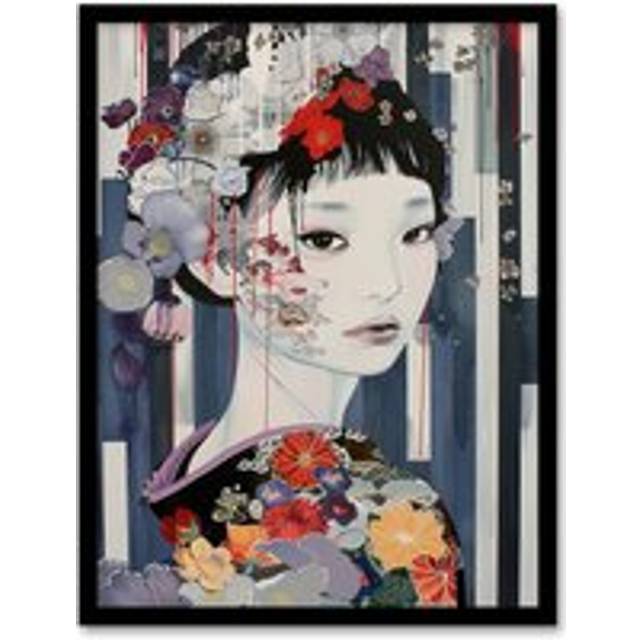 Modern Japanese Woman Portrait in Delicate Floral Framed Art Print - Grey - A4