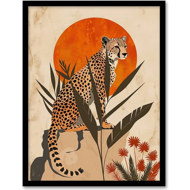 Wall Art Print Cheetah Perched on Rock Boho Sunset Sun Plants Art Framed Poster - Black - A4