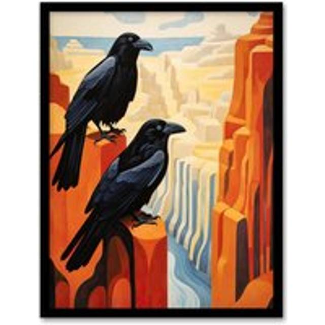 Wall Art Print Grand Canyon Crows Birds Abstract Minimalist Landscape Artwork Painting Art Framed - Black - A4
