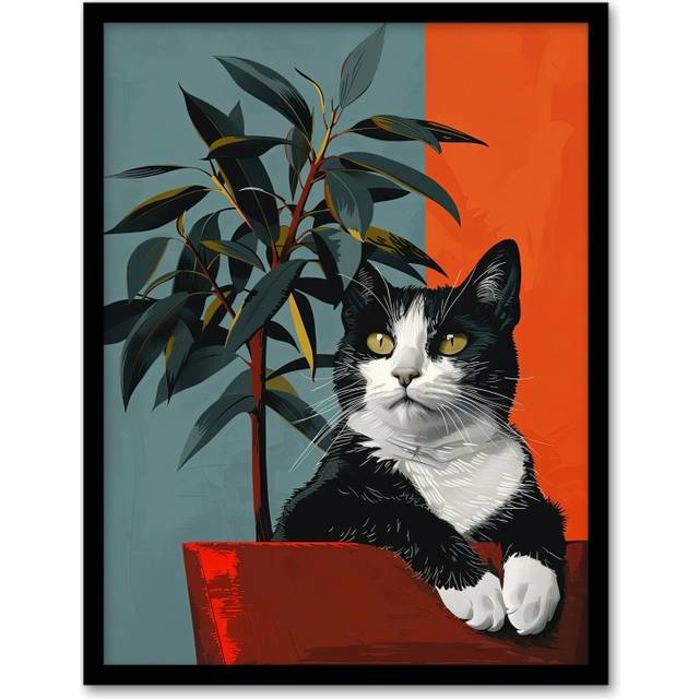 Wall Art Print Tuxedo Cat Portrait Sitting in Plant Pot Art Framed Poster - Black - A4