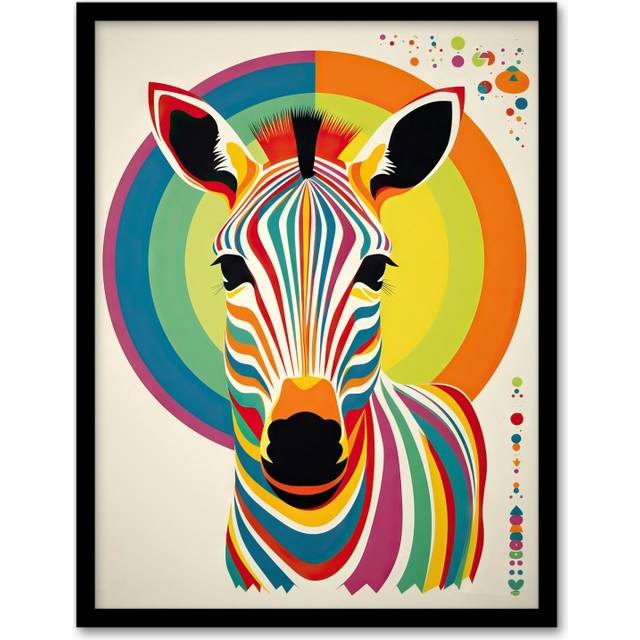 Wall Art Print Rainbow Zebra Colourful Graphic Artwork Zoo Animal Geometric Patterns And Shapes Kids Bedroom Painting Art Framed - Multi - A4