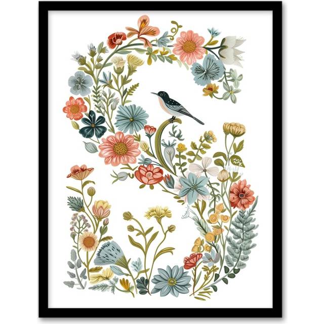 Womens Wall Art Print Letter S in Classic Wildflowers with Bird Elegant Floral Word Art Framed - Multi - A4
