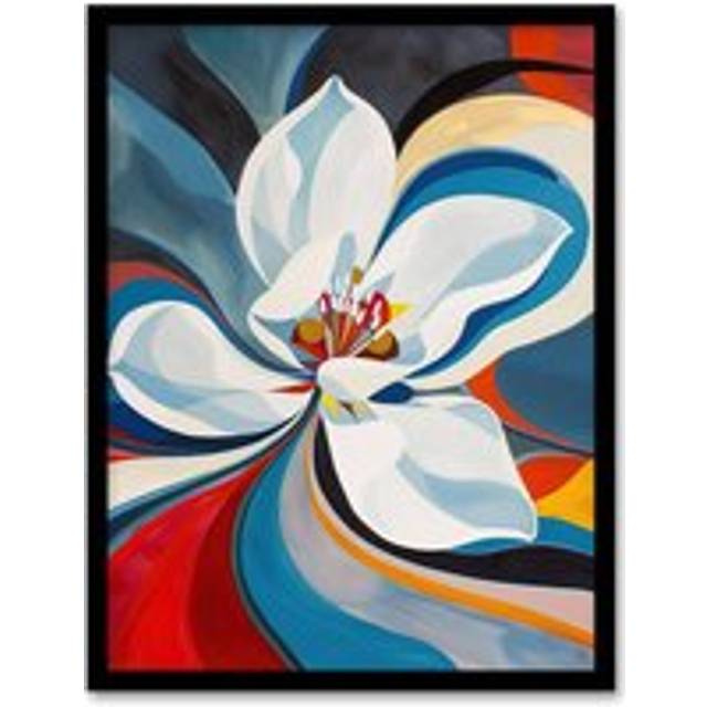 Lily Flower Blue Red Orange Abstract Floral Framed Art Print - Multi - A4