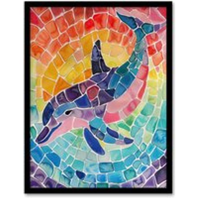 Dolphin and Rainbow Mosaic Pattern Watercolour Framed Wall Art - Multi - A4