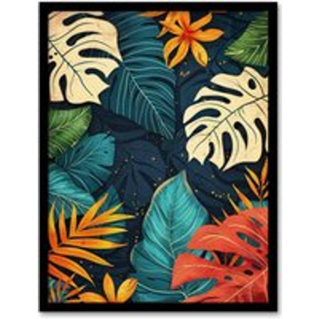 Wall Art Print Monstera Deliciosa Leaves Colourful Pattern Nature Art Framed Poster - Black - A4