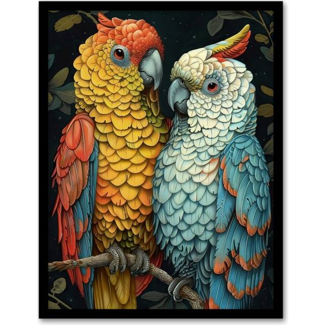 Wall Art Print Cockatoo Parrots Bird Couple Jungle Love Art Framed Poster - Black - A4