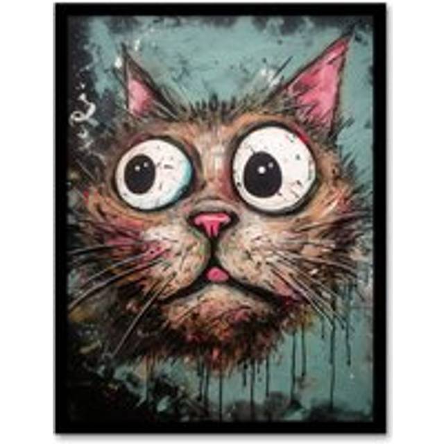 Wall Art Print Graffiti Street Art Bug Eyed Cat Artwork By Tom Jones Art Framed - Multi - A4