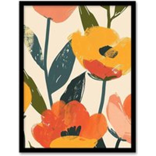 Wall Art Print Simple Spring Flower Blooms Bright Painting Art Framed Poster - Black - A4