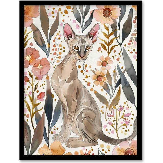 Cat Lover Oriental Shorthair with Anemone Flowers Framed Wall Art - Pink - A4