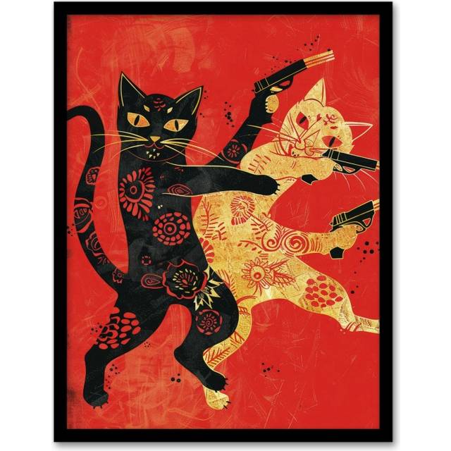 Wall Art Print Cat Fight Fun Lover Red Black Japanese Style Art Framed Poster - W12 inch x H16 inch