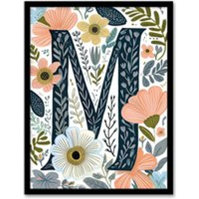 Womens Wall Art Print Letter M in Abstract Watercolour Flowers Cute Floral Word Art Framed - Multi - A4