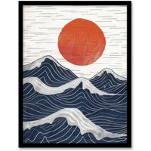 Wall Art Print Abstract Sunset Seascape Waves Sun Painting Art Framed Poster - Black - A4