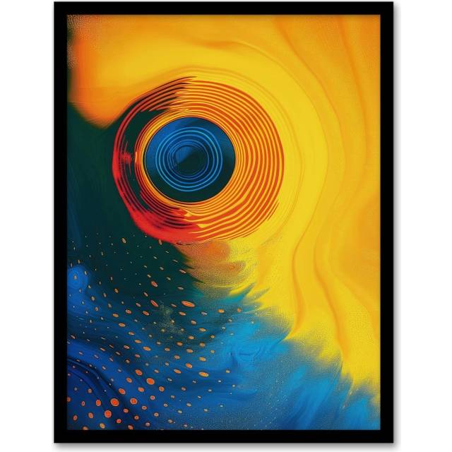 Wall Art Print Concentric Circles Yellow Orange Blue Abstract Art Framed Poster - Black - A4