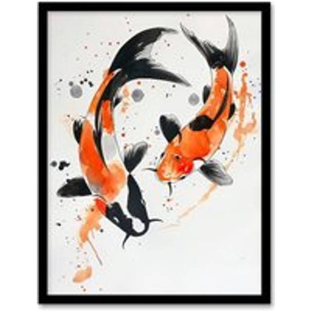 Two Koi Carp Japanese Fish Bright Watercolour Framed Wall Art - Orange - A4