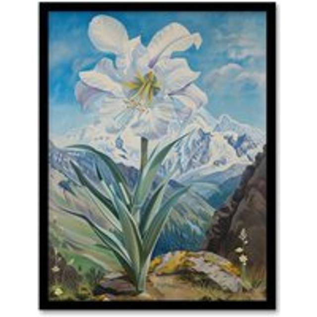 Wild White Lily Mont Blanc Mountain Landscape Framed Art Print - Blue - A4