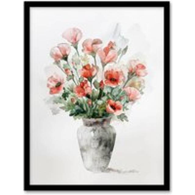 Wall Art Print Red Anemone Flower Bouquet in Vase Watercolour Art Framed Poster - Black - A4