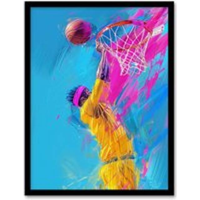 Wall Art Print Abstract Basketball Player Slam Dunk Shot Art Framed Poster - Black - A4